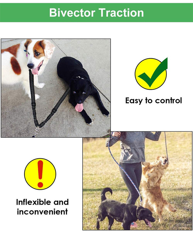 Bivector Traction system for dogs with images of dogs using the product and text indicating ease and inflexibility.