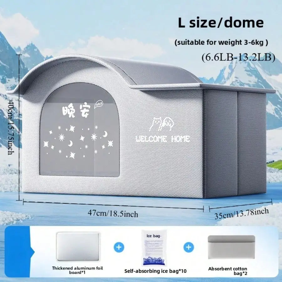 Gray pet bed with measurements and features on a mountain background