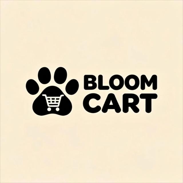 Bloom Cart pet accessories store logo with paw print shopping cart icon