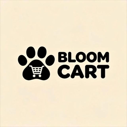 Bloom Cart pet accessories store logo with paw print shopping cart icon