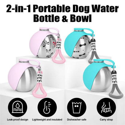 2-in-1 portable dog water bottle and bowl with pink and blue options on a white background.