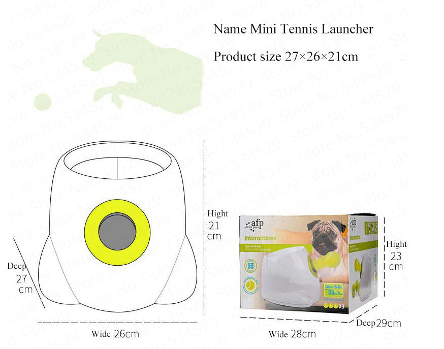 "AFP Mini Tennis Launcher for dogs showing product dimensions in centimeters and packaging details."