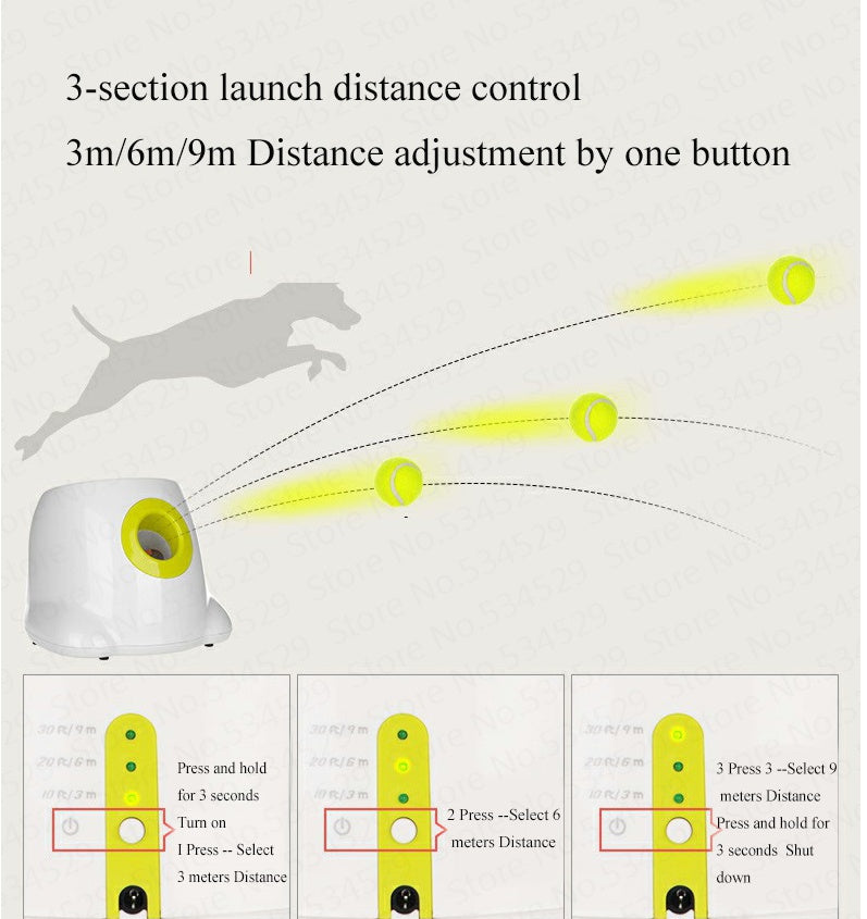 Diagram showing a dog launcher with distance control features on a white background