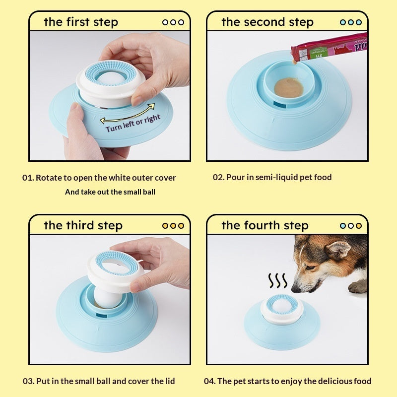 Step-by-step instructions for using a pet food dispenser on a yellow background