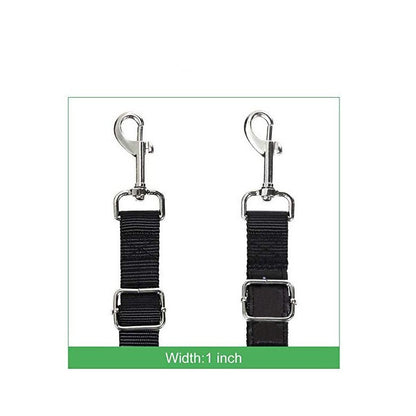 Two black straps with metal hooks on a white background