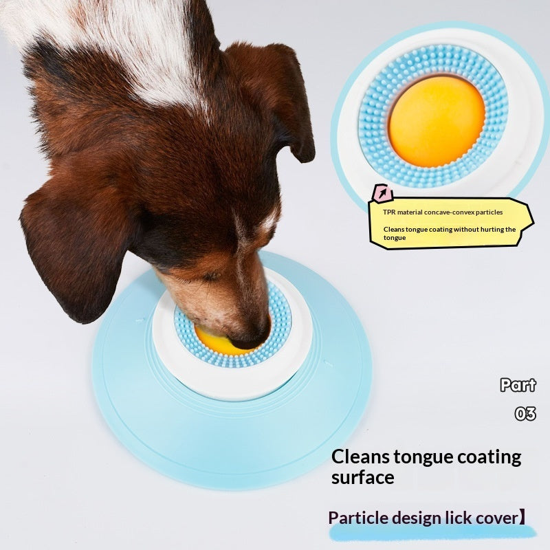 Dog using a blue and white pet product with a close-up of the particle design on a light gray background.