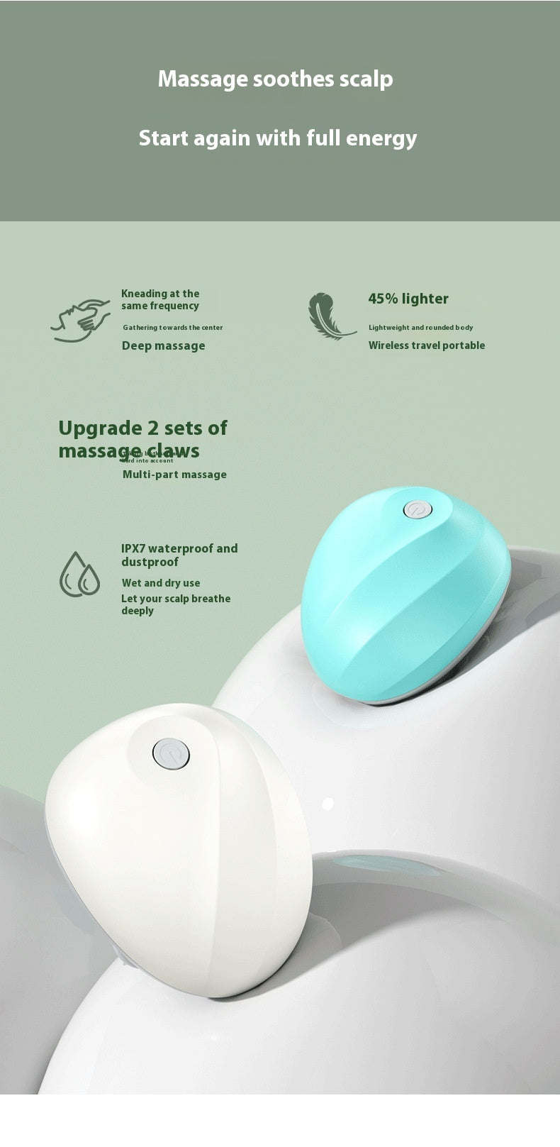 Two massage devices, one white and one turquoise, on a light gray surface with text about scalp massage benefits.