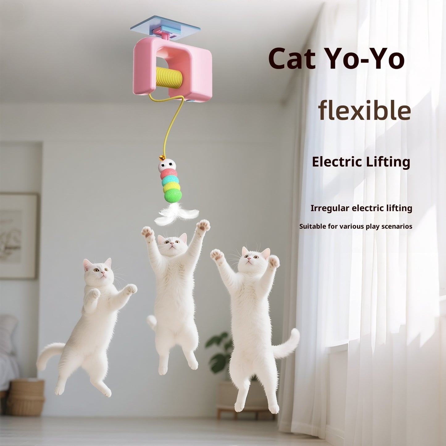 Cat toy with electric lifting mechanism and three white cats playing with it in a room.