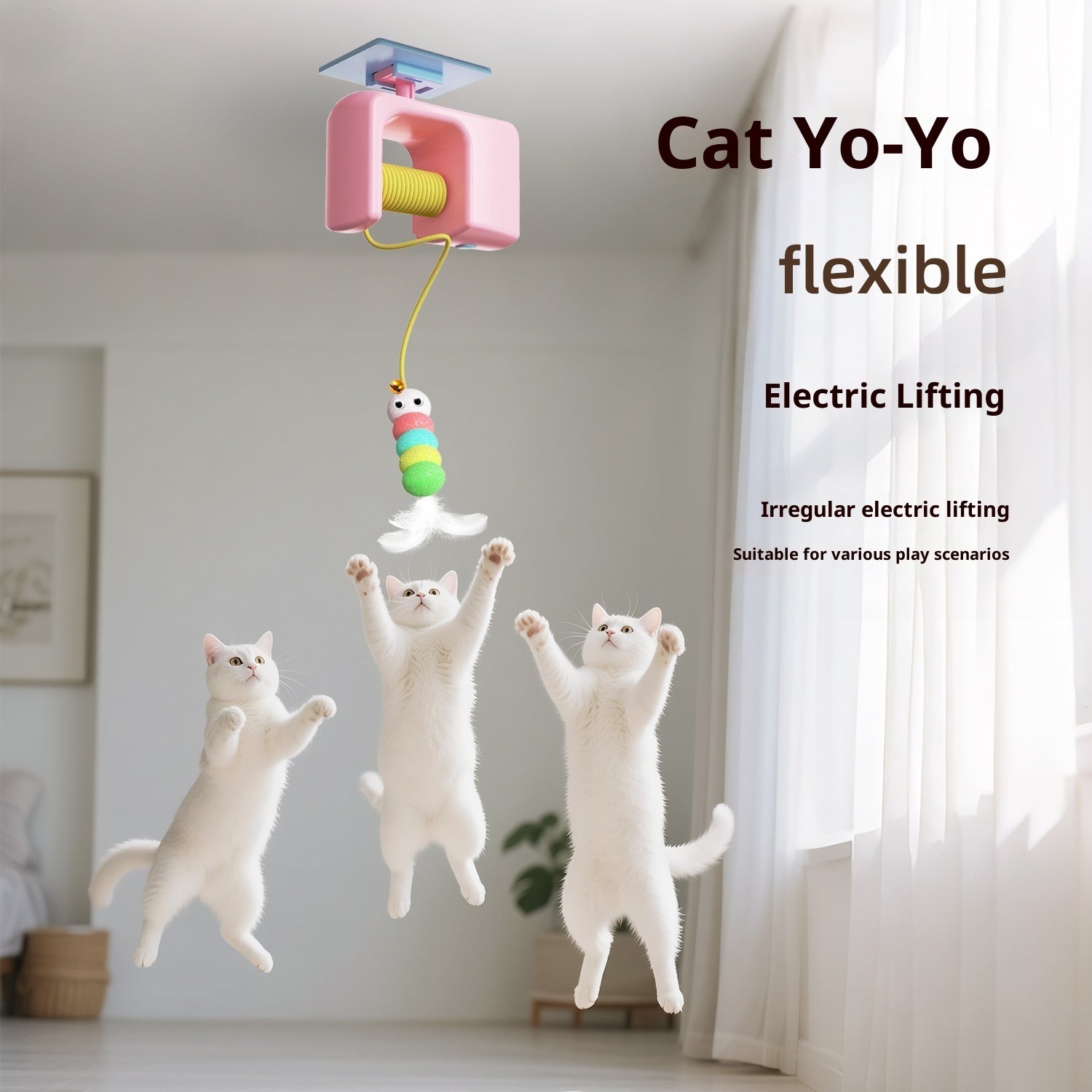 Cat toy with electric lifting mechanism and three white cats playing with it in a room.