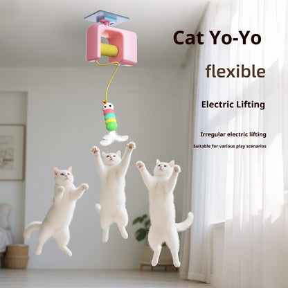 Cat toy with electric lifting mechanism and three white cats playing with it in a room.