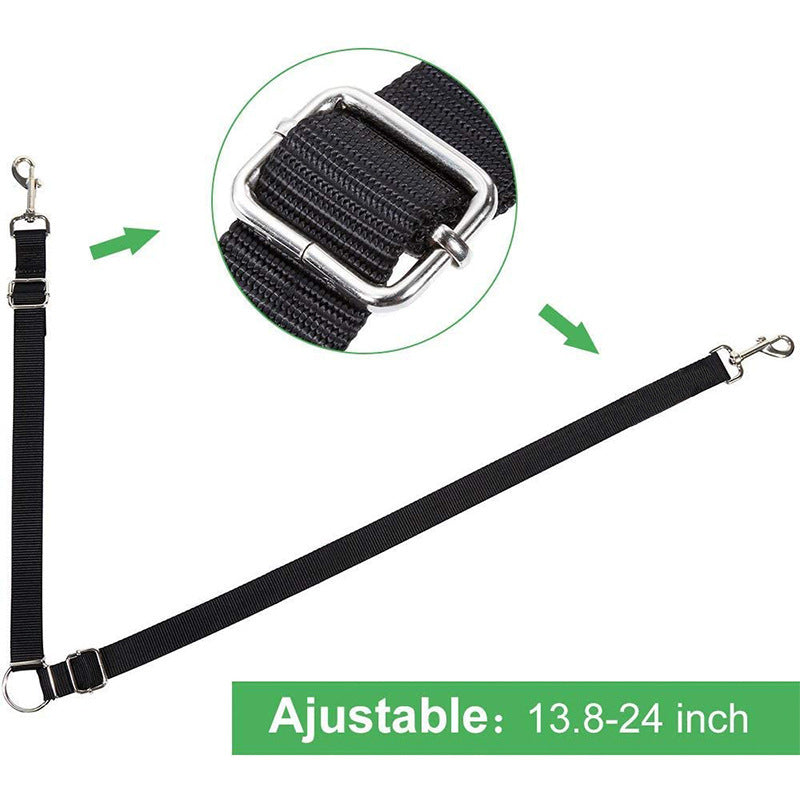 Black adjustable leash with metal clip on a white background