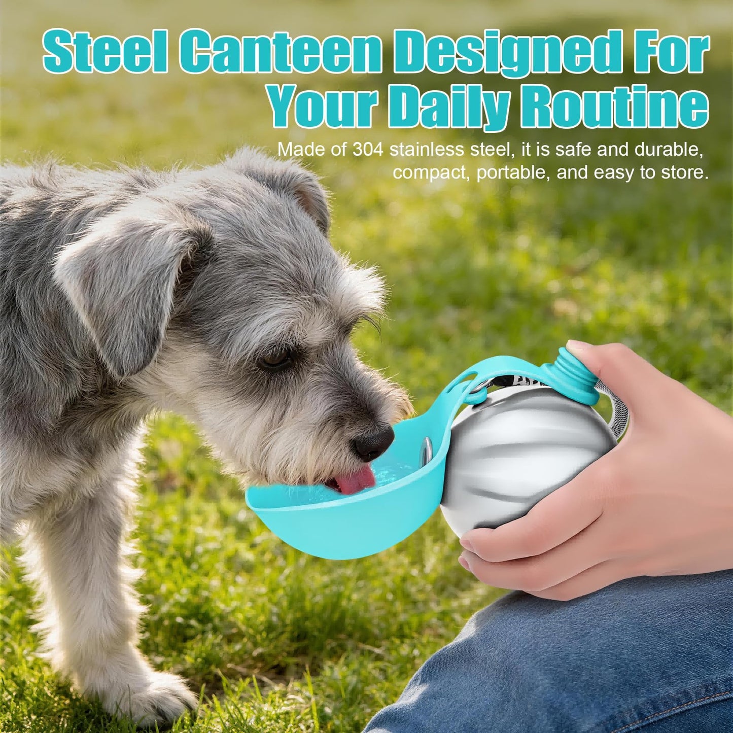 Dog drinking from a blue and silver steel canteen in a grassy field