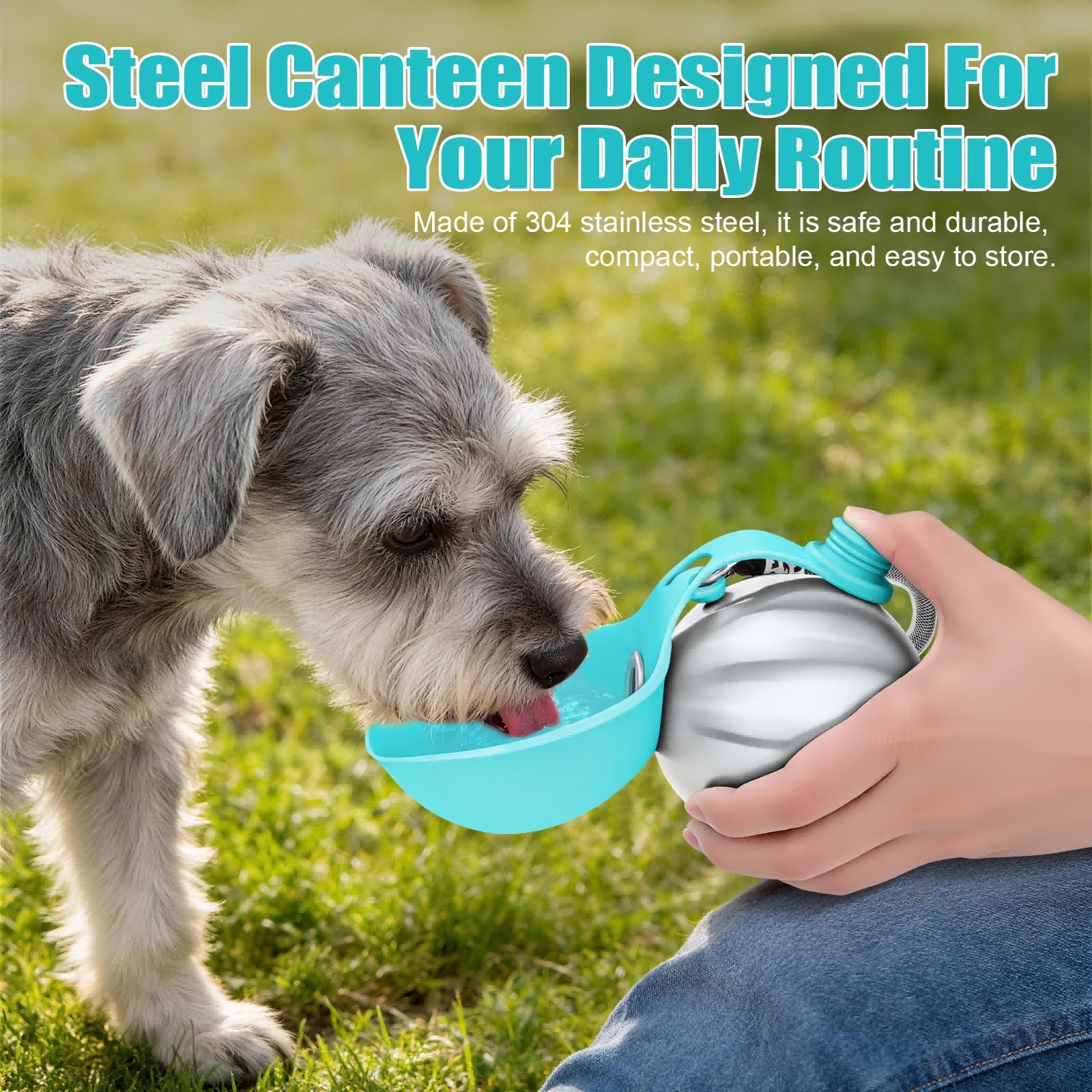 Dog drinking from a blue and silver steel canteen in a grassy field