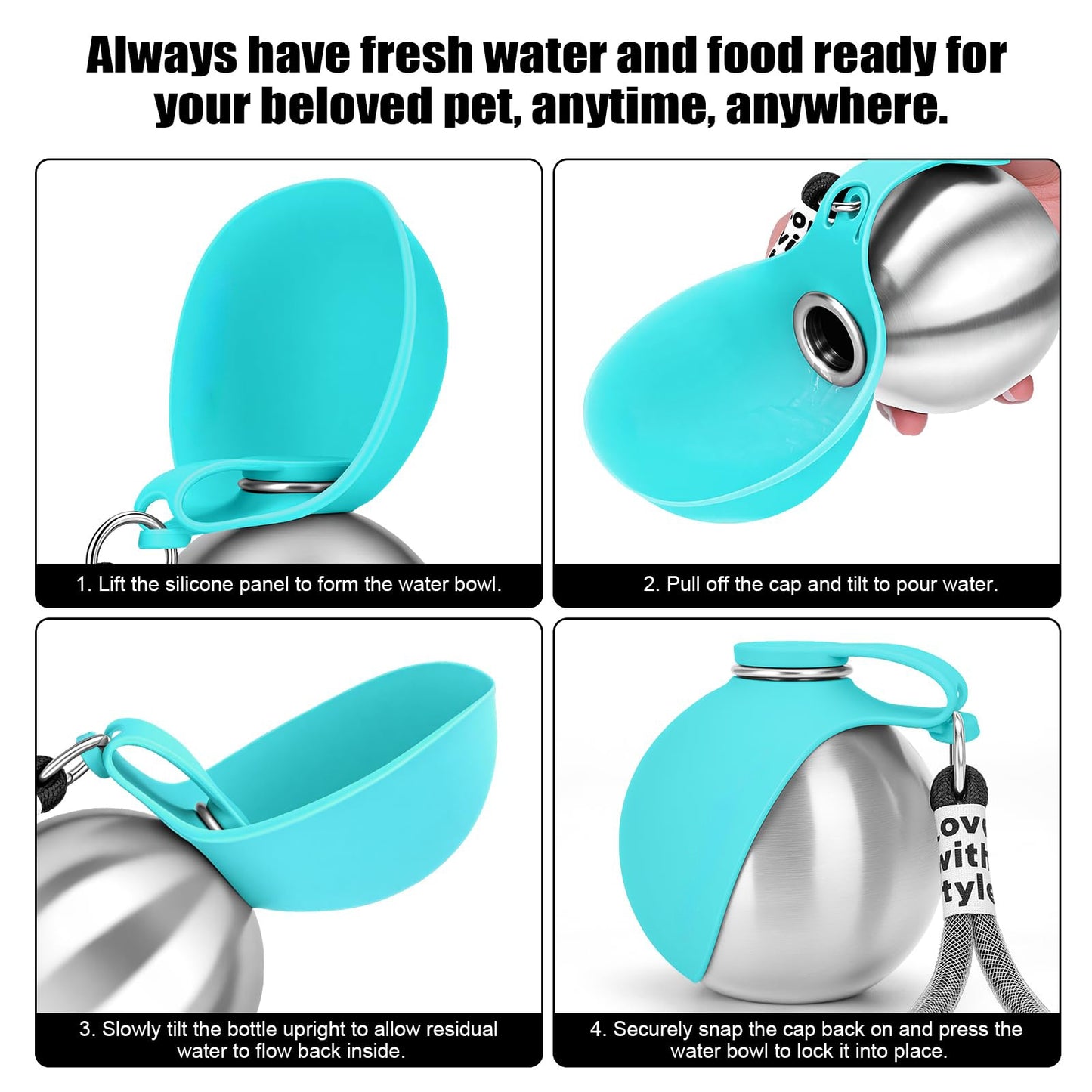 Instructions for using a portable pet water bottle with a silicone panel and metal body.