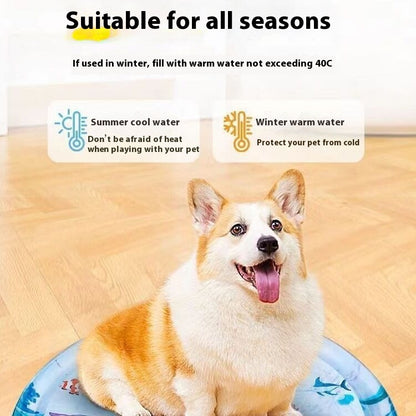 Dog sitting on a pet cooling pad with text about temperature suitability for pets.