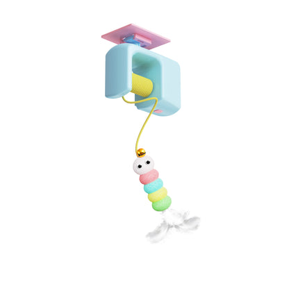 Colorful baby teething toy with a light blue holder on a white background