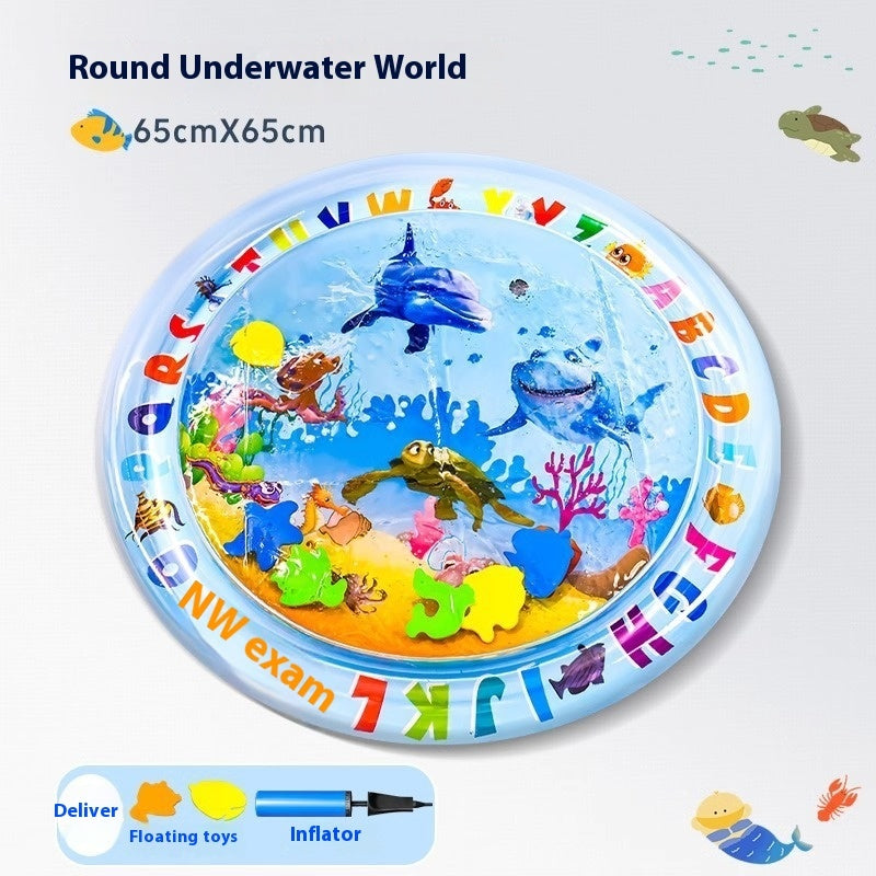 Round inflatable pool with underwater scene, floating toys, and alphabet letters on a white background.