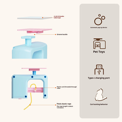 Diagram of a pet toy device with labeled parts and features on a white background.