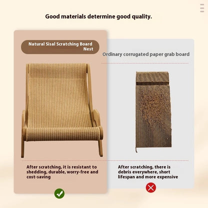 Comparison of a natural sisal scratching board nest and an ordinary corrugated paper grab board with text on quality and durability.