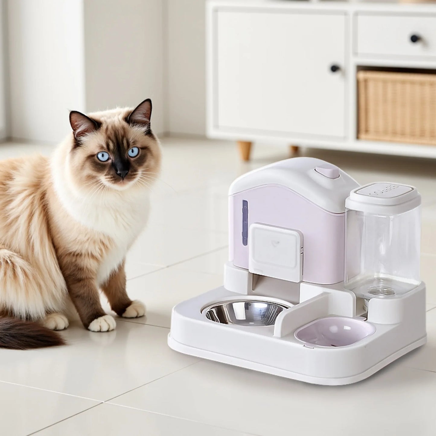 Cat sitting next to a pet feeding station on a tiled floor.