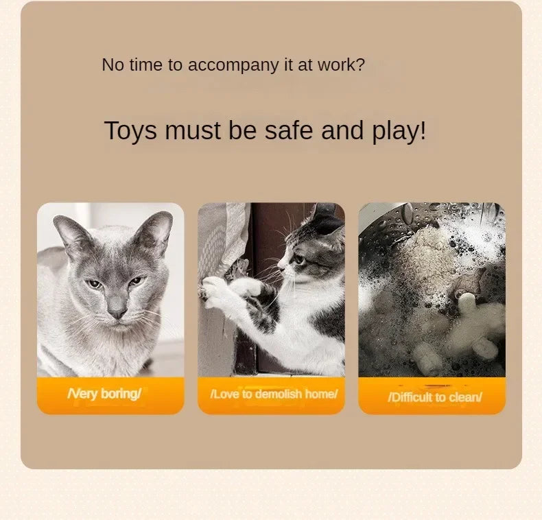 Promotional graphic with cats and text about cat toys on a beige background