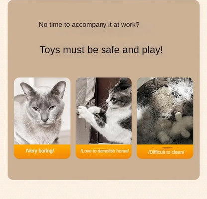 Promotional graphic with cats and text about cat toys on a beige background