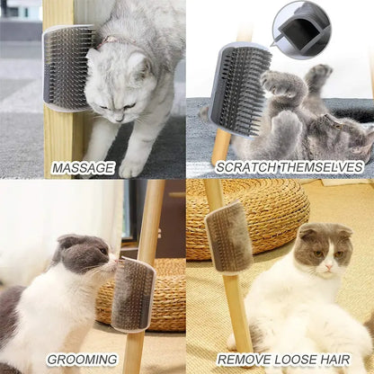 Cat grooming brush with text indicating its uses on a wooden stand.