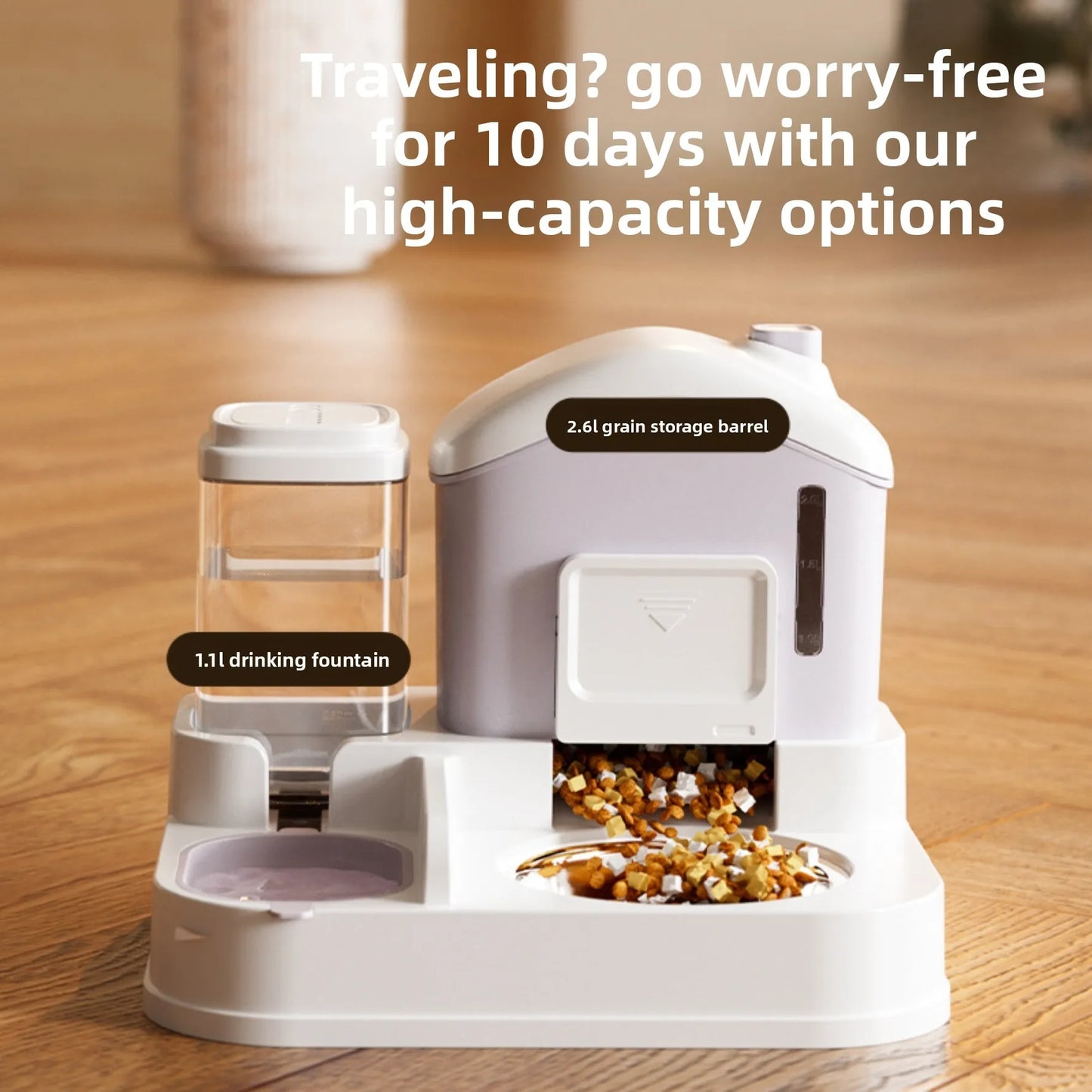Pet feeding and water station with text about high-capacity options for 10 days of travel.