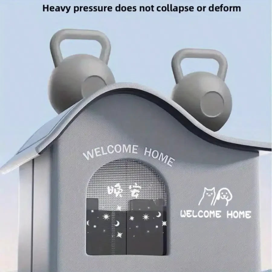 Dog house with kettlebell design on top against a light blue background