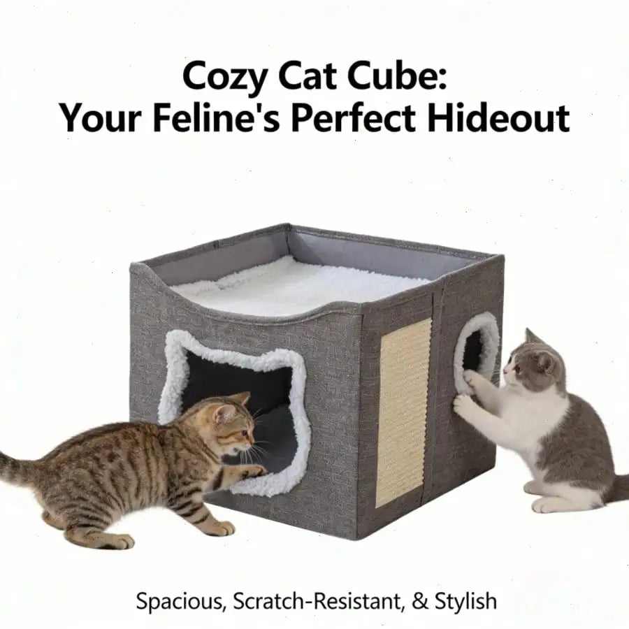 Cozy cat cube with two cats interacting on a white background