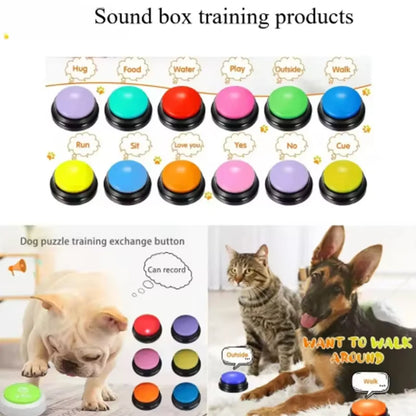 Sound box training products with colorful buttons and images of pets interacting.
