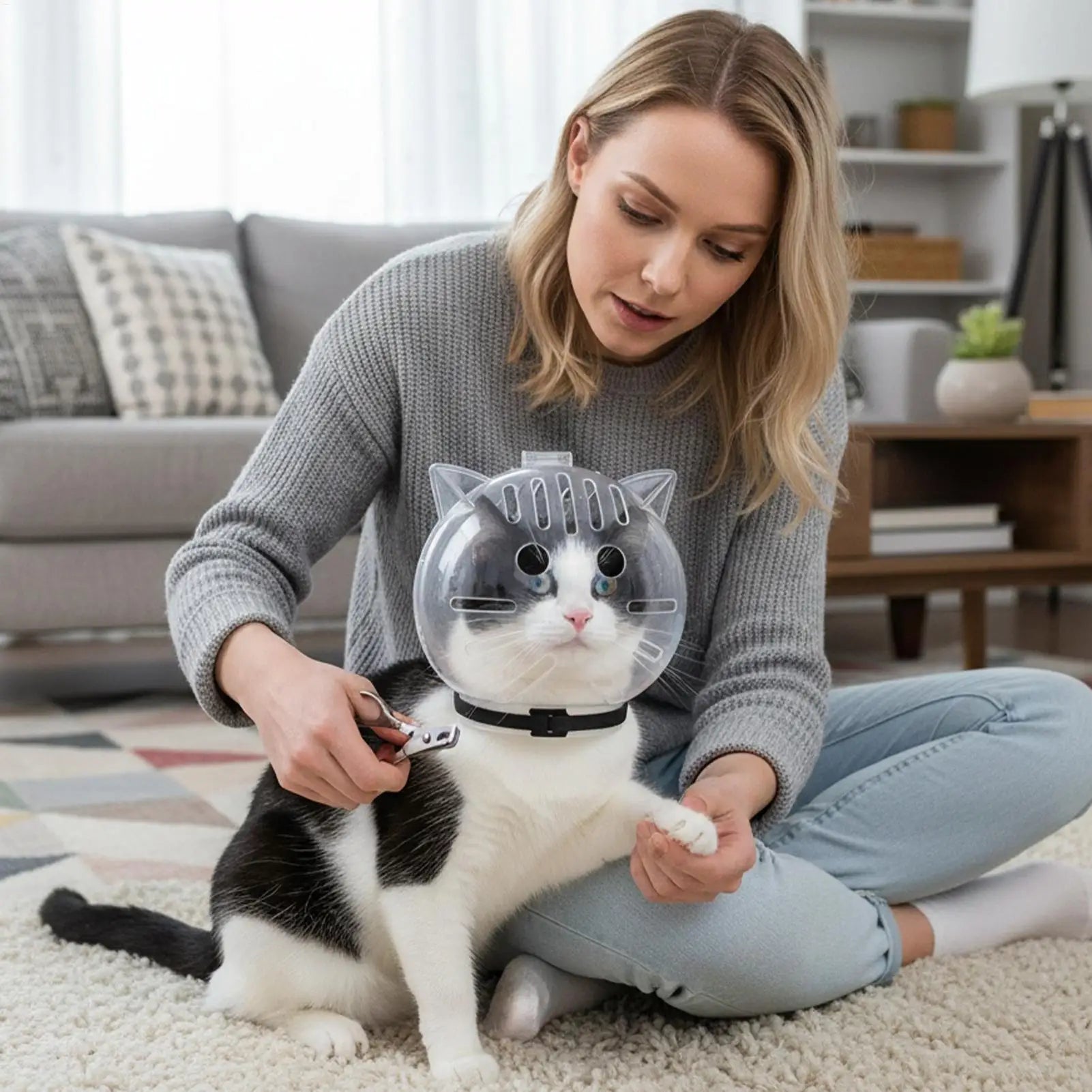 Woman sitting on the floor with a cat wearing a cone-shaped pet collar in a living room.