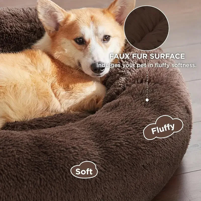 Dog lying on a fluffy brown pet bed with text highlighting faux fur surface and softness.