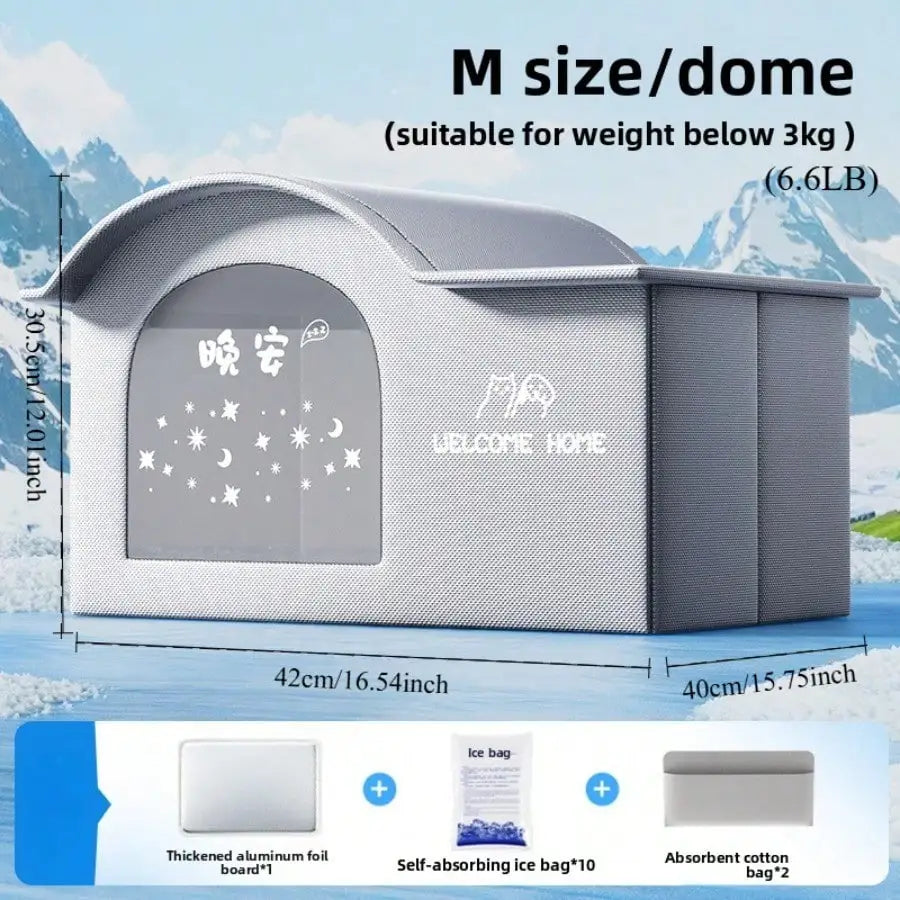 Pet house with dimensions and features on a mountain background