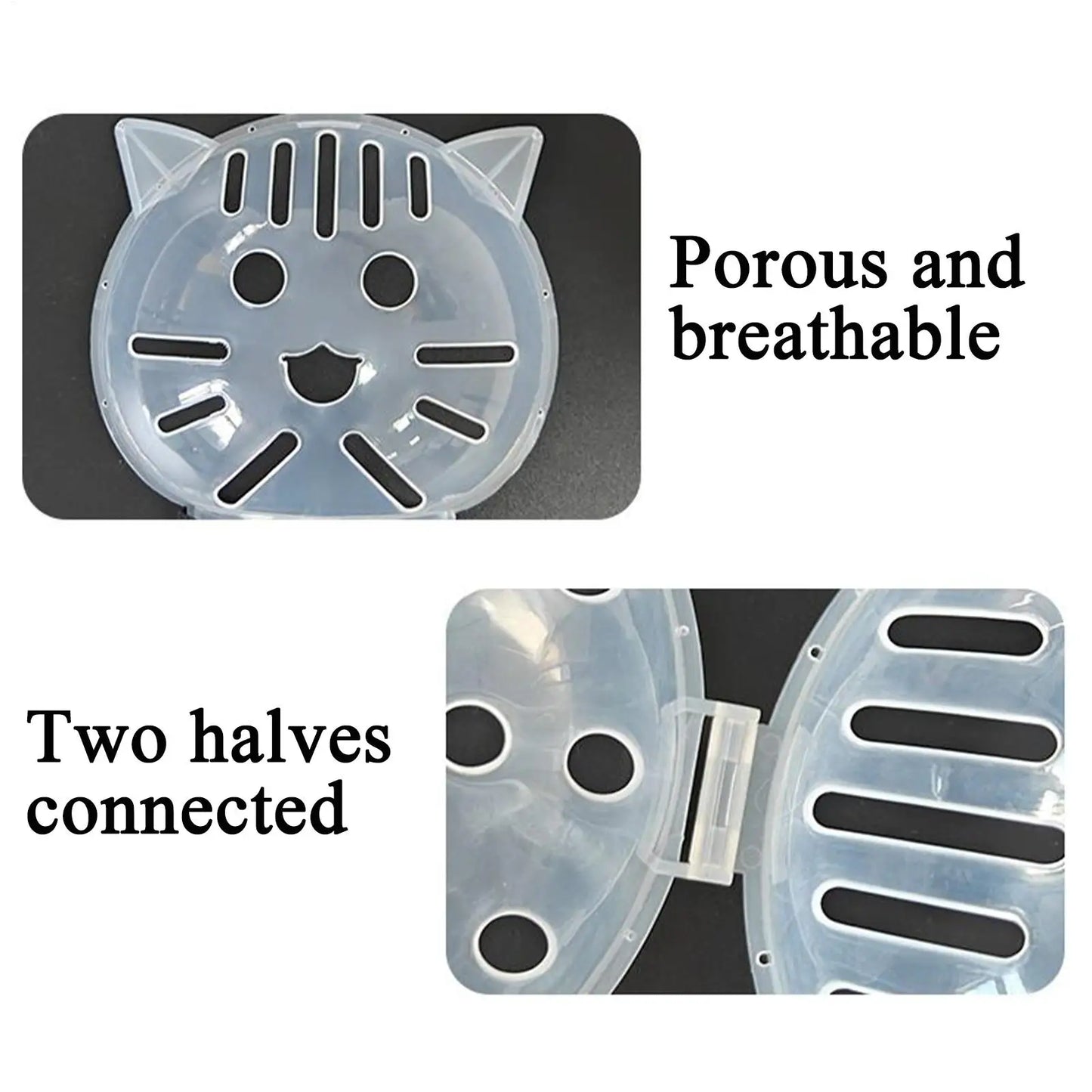 Transparent plastic product with cat face design, labeled 'Porous and breathable' and 'Two halves connected'.
