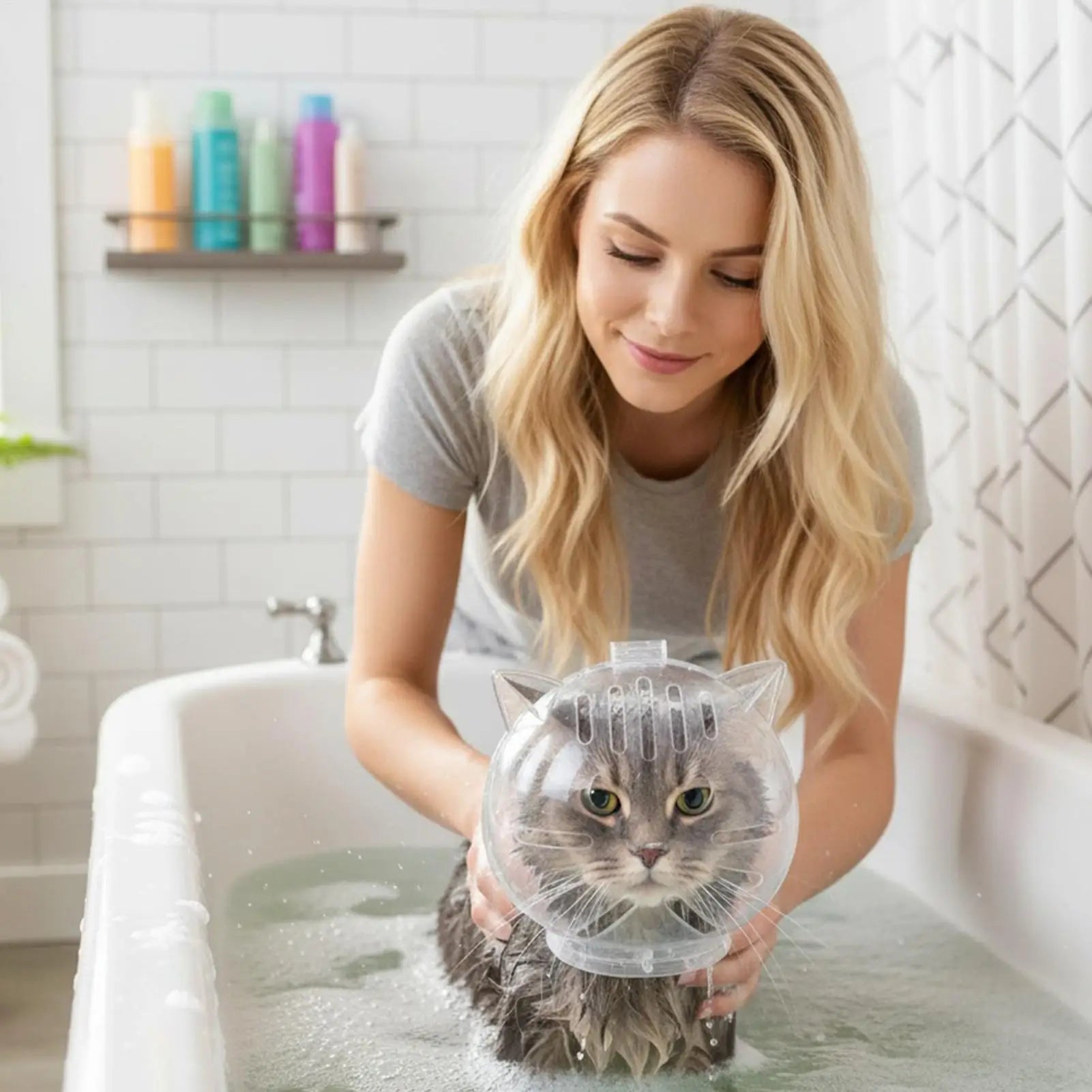 Woman bathing a cat wearing a breathable anti-bite grooming muzzle hood for safe pet bathing, grooming, nail trimming, and stress-free vet care.