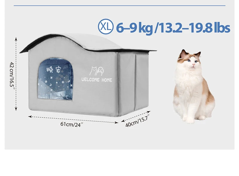 Cat house with dimensions and weight capacity displayed, featuring a cat on a white background.