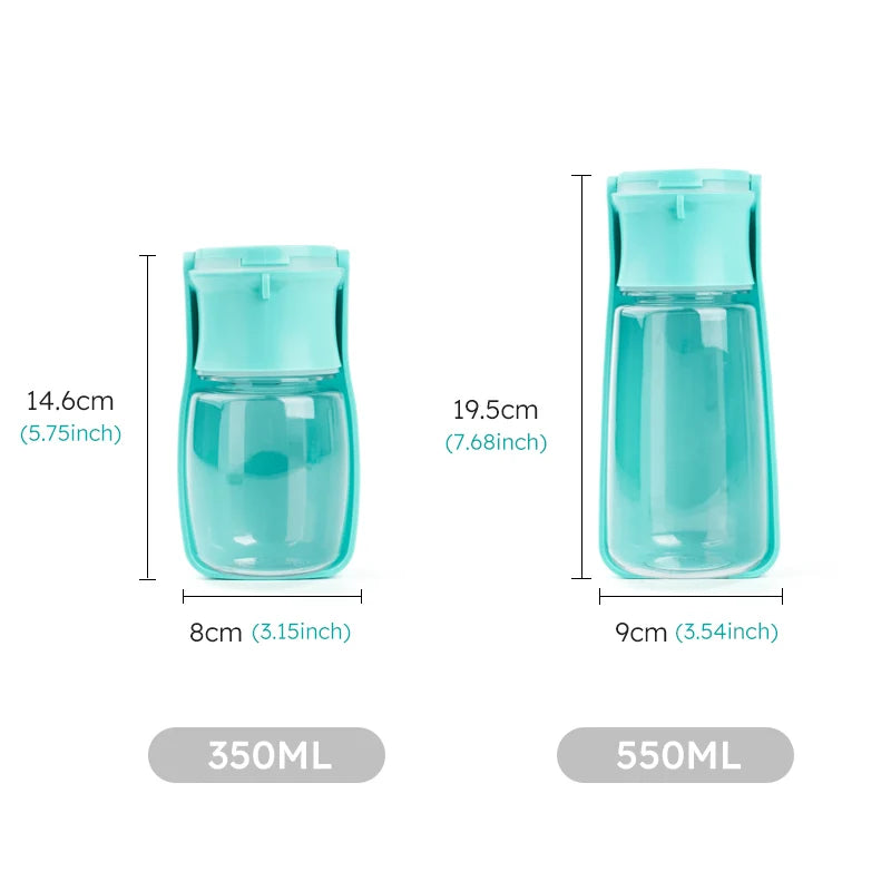 Two turquoise water bottles with measurements on a white background