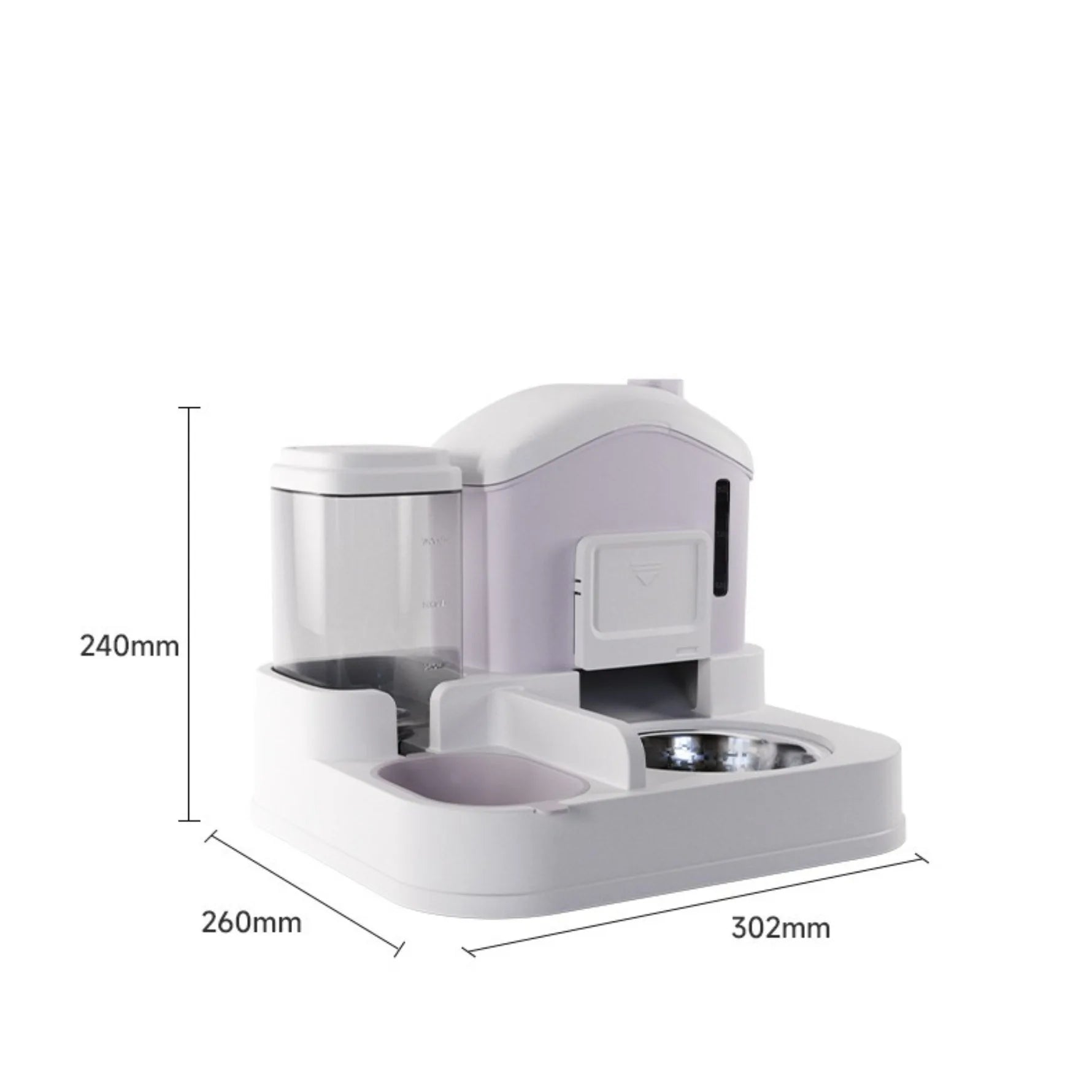 Pet feeding and water station with dimensions labeled on a white background