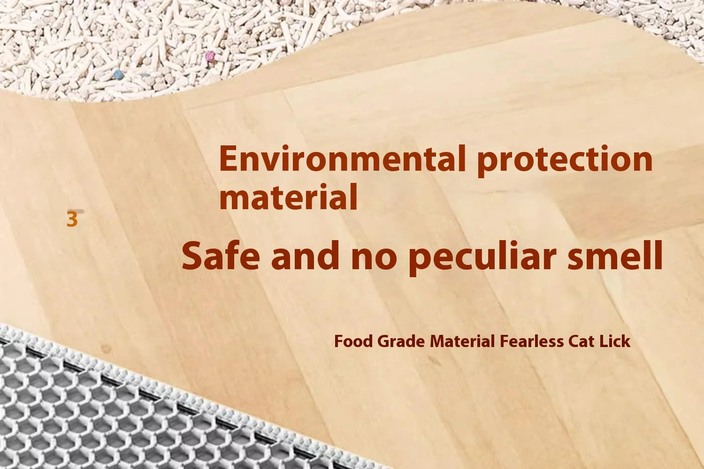 Wooden surface with text about environmental protection material and food grade safety.