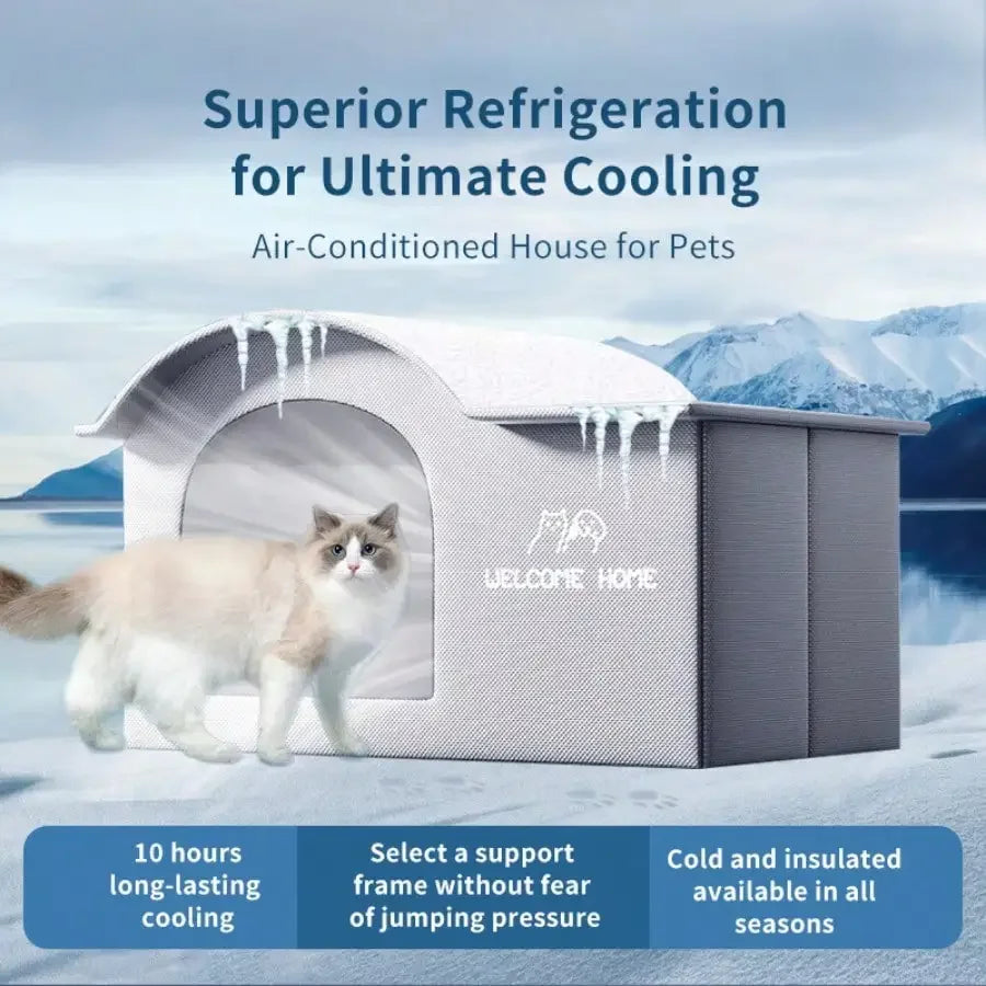 Pet air-conditioned house with a cat in a snowy landscape, featuring text about superior refrigeration and features.