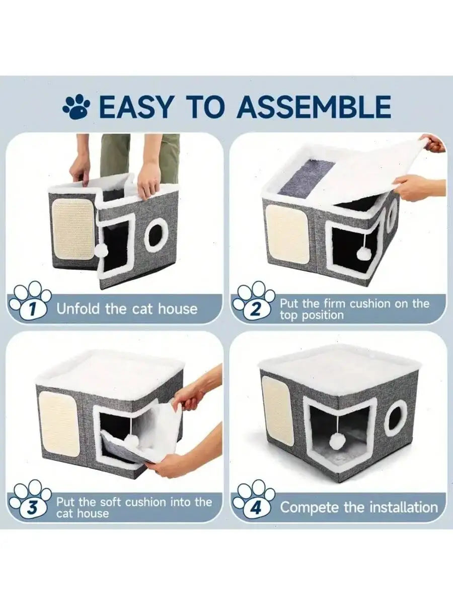 Step-by-step assembly instructions for a cat house with text 'Easy to Assemble'.