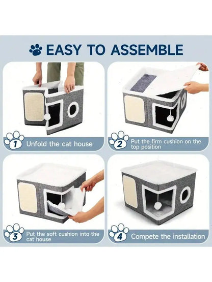 Step-by-step assembly instructions for a cat house with text 'Easy to Assemble'.