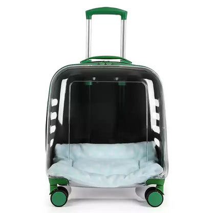 Clear pet carrier with green wheels and handle on a white background