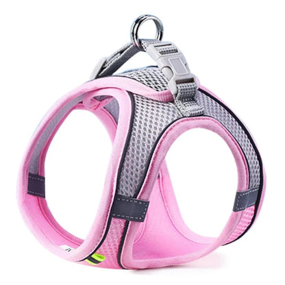 Pink and gray pet harness on a white background