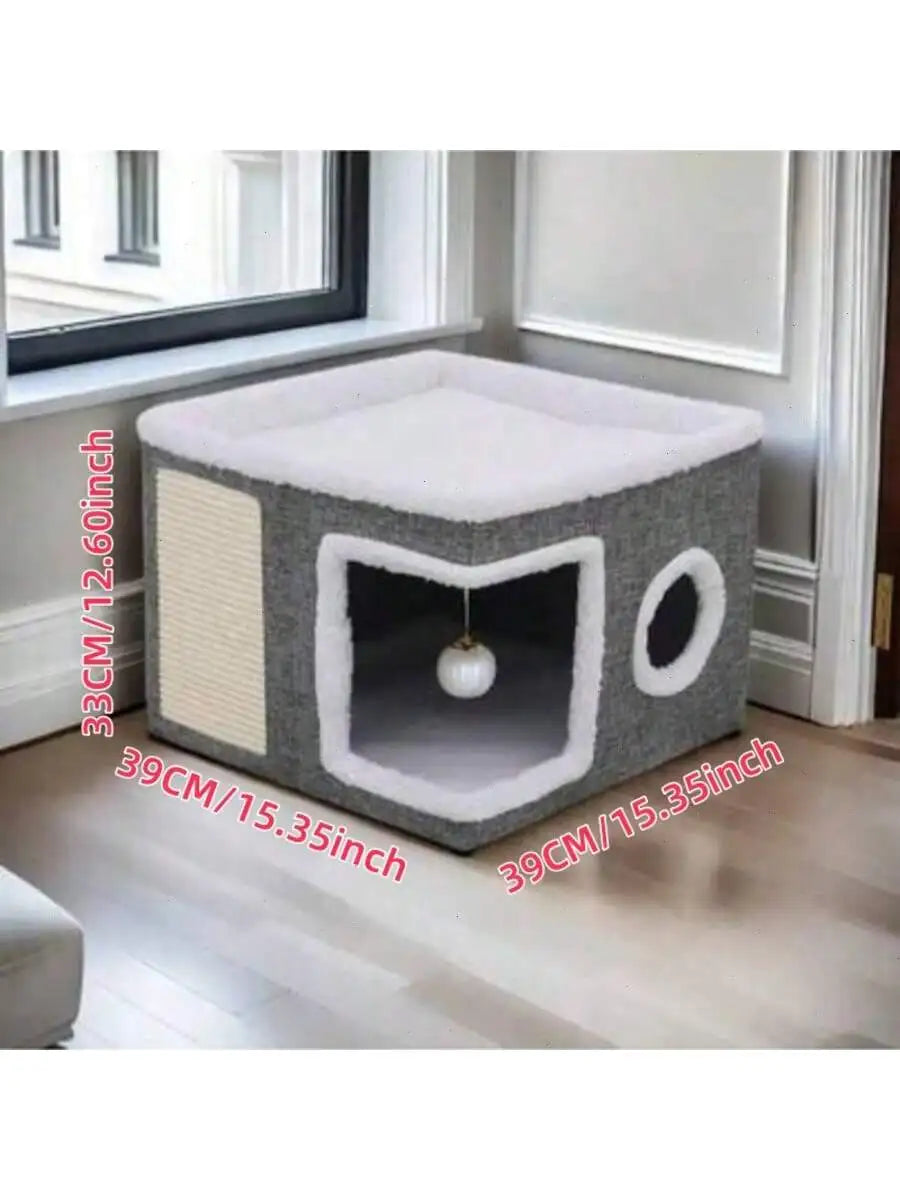 Cat tree with dimensions displayed on a light wood floor.