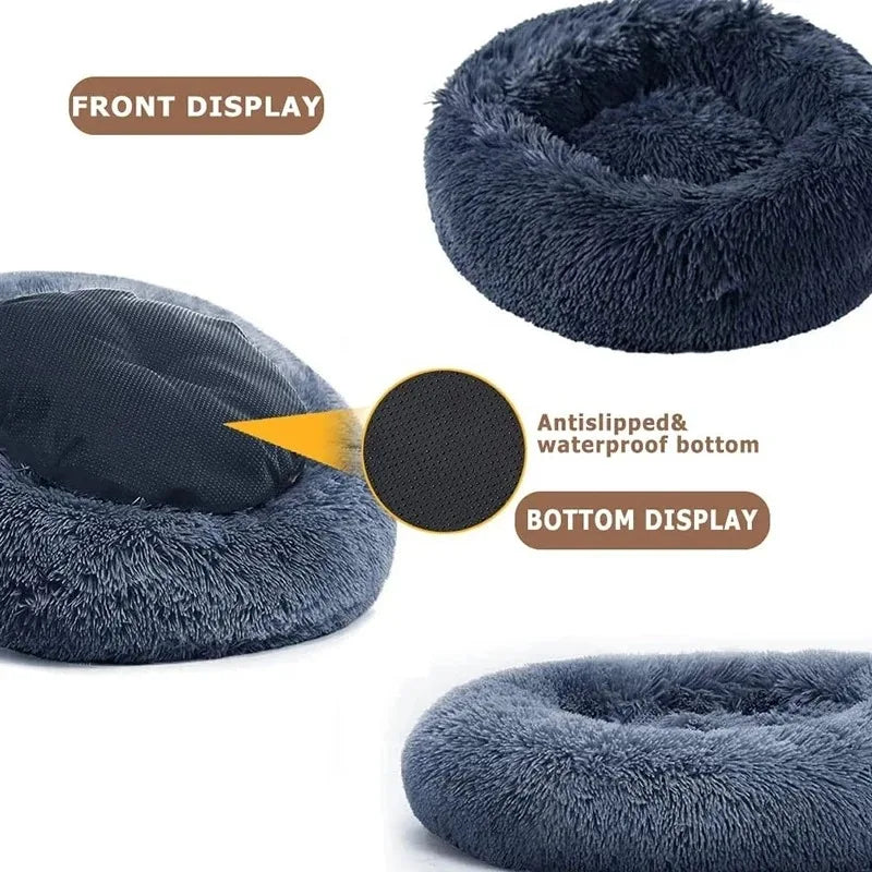 Navy blue pet bed with an antislip and waterproof bottom feature on a white background.