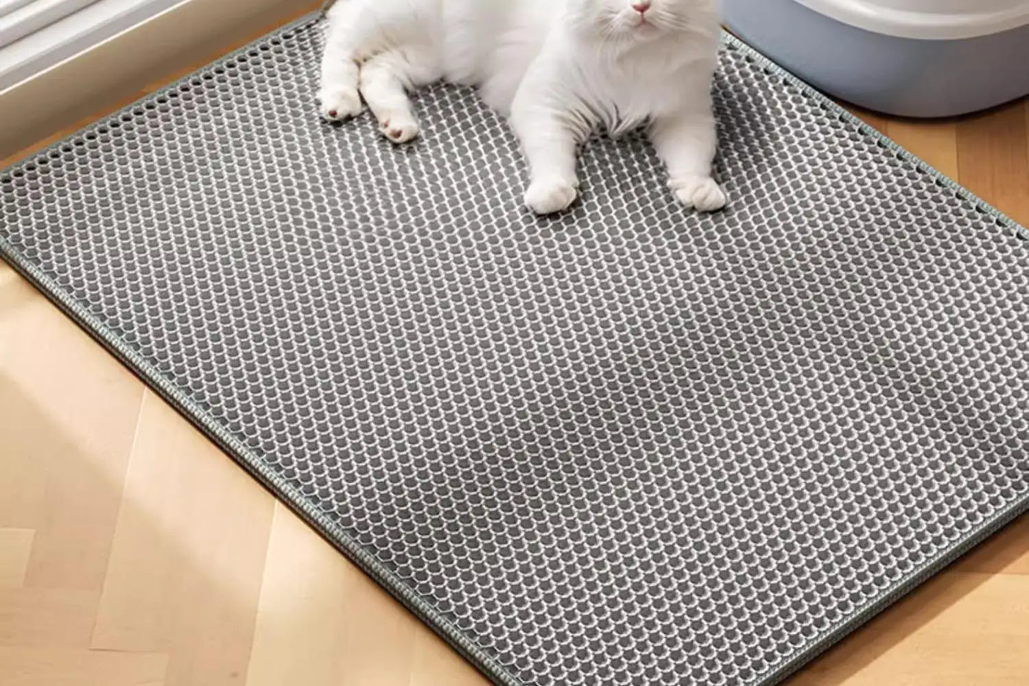 Cat lying on a gray mat with a honeycomb pattern on a wooden floor.