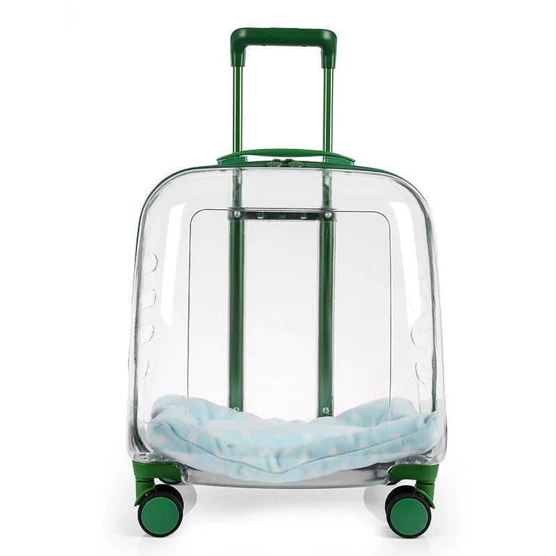 Clear suitcase with green wheels and handle on a white background