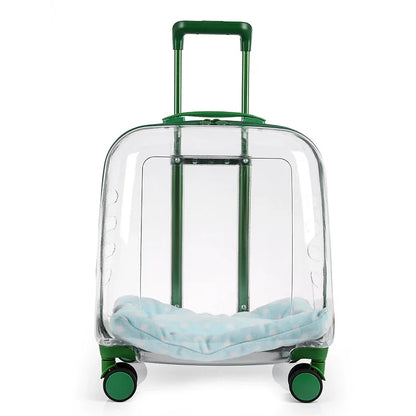 Clear suitcase with green wheels and handle on a white background